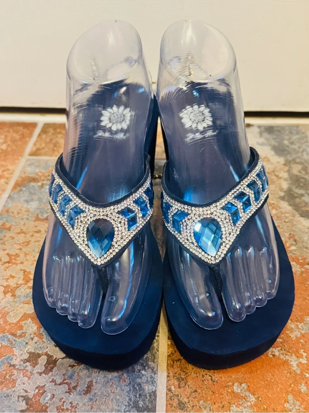 NWOB! Yellow Box Embellished Blue Gem and Rhinestone Platform Thong Sandals! - Picture 6 of 15